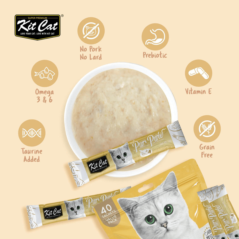 Cat Treat - Purr Purée - Value Pack - Chicken & Fiber (Hairball) - 15 g sachet, pack of 40 - J & J Pet Club - Kit Cat