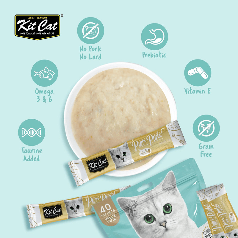 Cat Treat - Purr Purée - Value Pack - Tuna & Fiber (Hairball) - 15 g sachet, pack of 40 - J & J Pet Club - Kit Cat