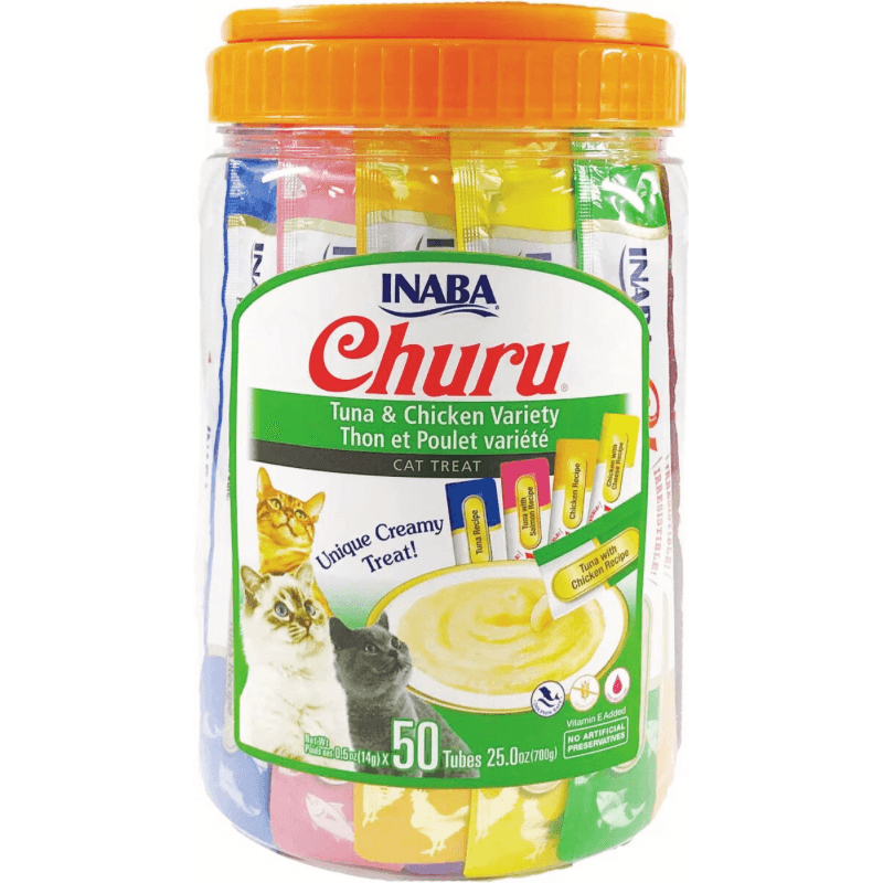 Creamy Cat Treat - CHURU - 50 ct Tuna & Chicken Variety Jar - J & J Pet Club - Inaba