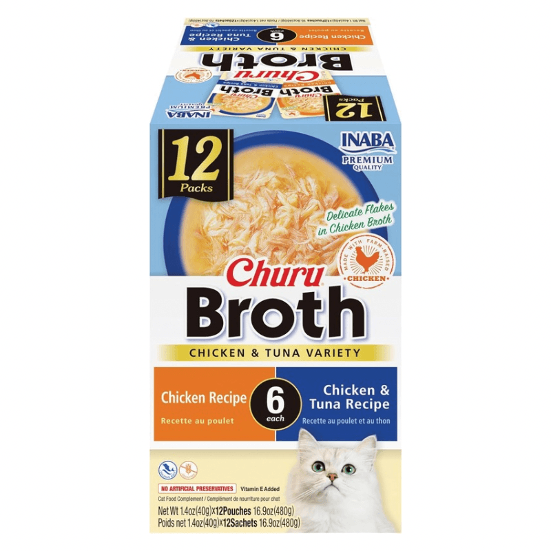 Creamy Cat Treat - CHURU BROTH - Chicken & Tuna Variety - 1.4 oz pouch, pack of 12 - J & J Pet Club - Inaba