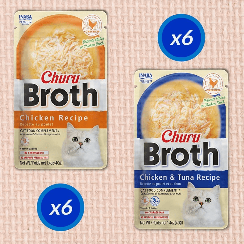 Creamy Cat Treat - CHURU BROTH - Chicken & Tuna Variety - 1.4 oz pouch, pack of 12 - J & J Pet Club - Inaba
