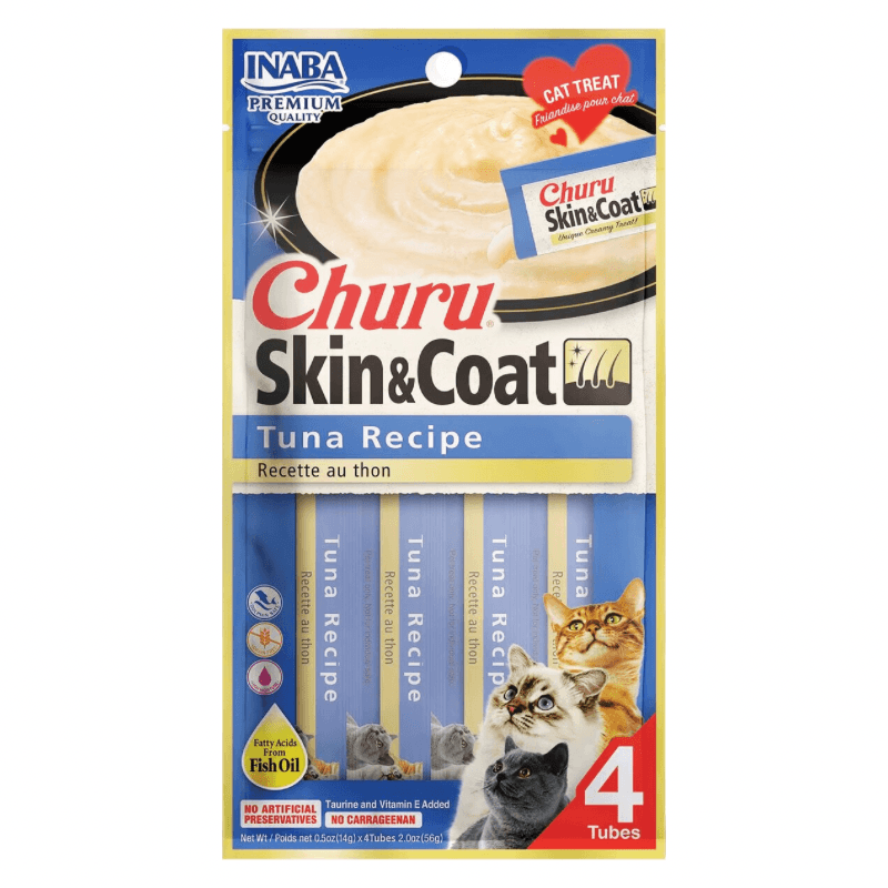 Creamy Cat Treat - CHURU SKIN & COAT - Tuna Recipe - 0.5 oz tube, 4 ct - J & J Pet Club - Inaba