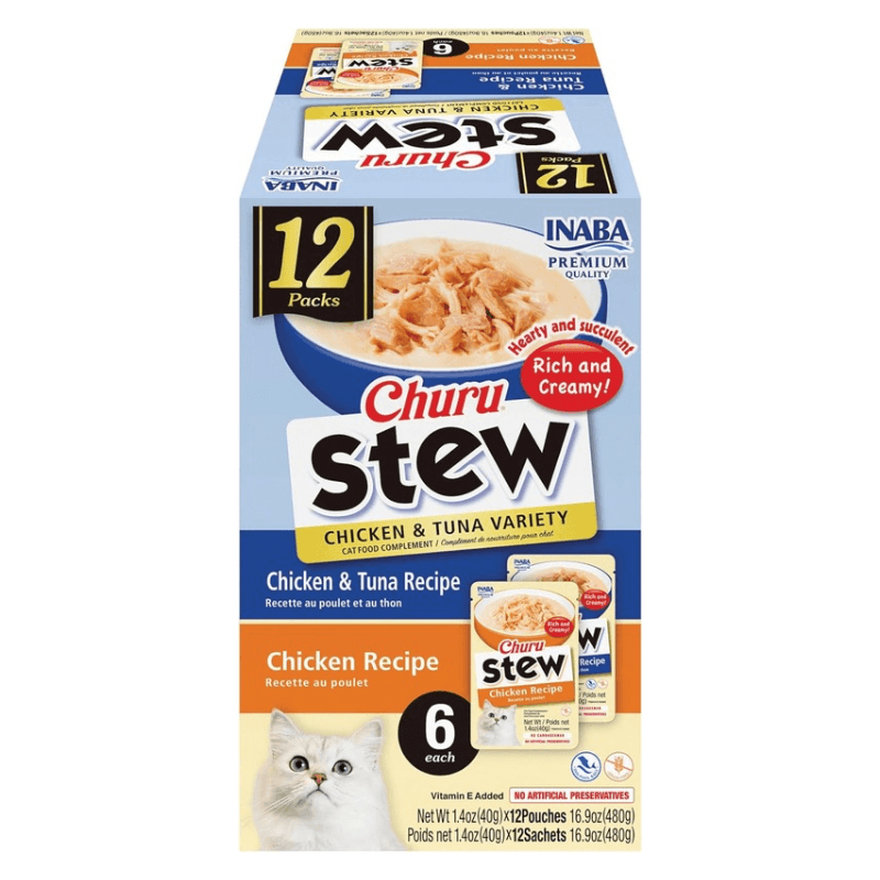 Creamy Cat Treat - CHURU STEW - Chicken & Tuna Variety - 1.4 oz pouch, pack of 12 - J & J Pet Club - Inaba