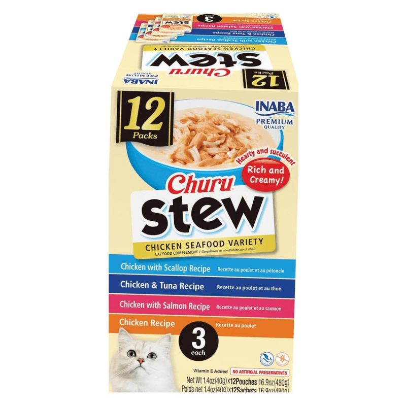 Creamy Cat Treat - CHURU STEW - Chicken Seafood Variety - 1.4 oz pouch, pack of 12 - J & J Pet Club - Inaba