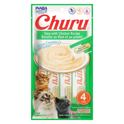 Creamy Cat Treat - CHURU - Tuna with Chicken Recipe - 0.5 oz tube, 4 ct - J & J Pet Club - Inaba