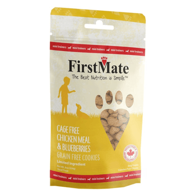Crunchy Dog Treat - Grain Free Cookies - Cage Free Chicken Meal & Blueberries - Limited Ingredient Mini Trainers - 8 oz - J & J Pet Club - FirstMate