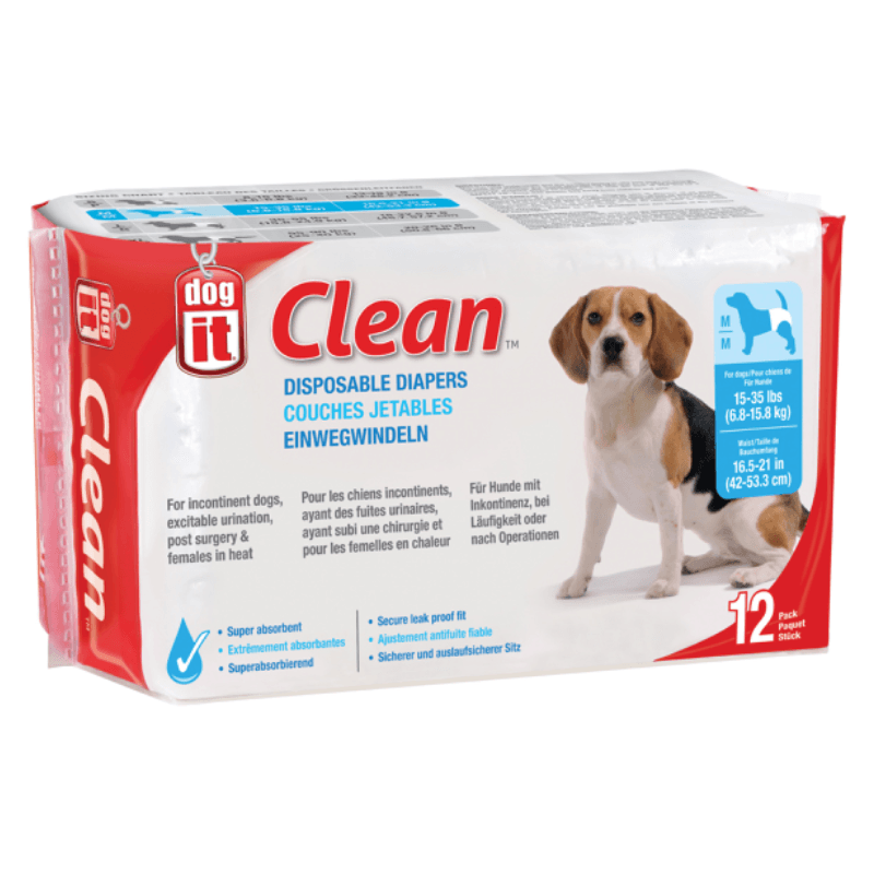Disposable Dog Diapers, Medium (for Dogs 15-35 lbs), pack of 12 - J & J Pet Club - Dogit
