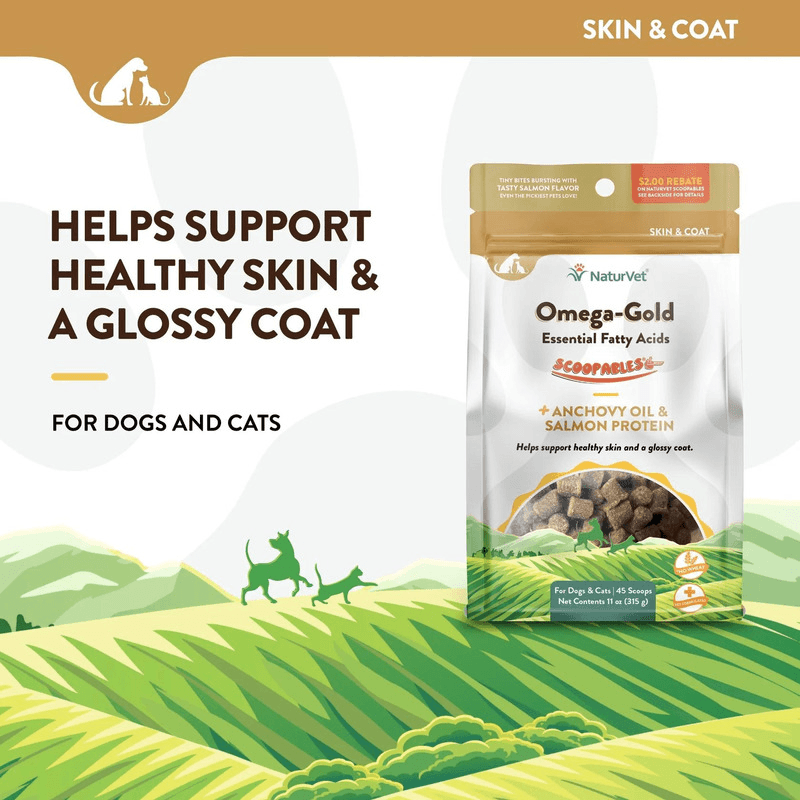 Dog & Cat Supplement - SCOOPABLES - SKIN & COAT, Omega-Gold Essential Fatty Aids + Anchovy Oil & Salmon Protein - 45 scoops - J & J Pet Club - Naturvet