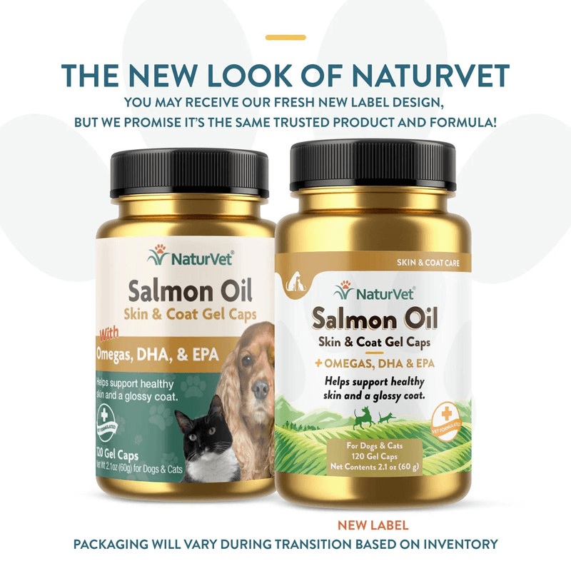 Dog & Cat Supplement - SKIN & COAT CARE - Salmon Oil Skin & Coat Gel Caps + Omegas, DHA & EPA - 60 gel caps - J & J Pet Club - Naturvet