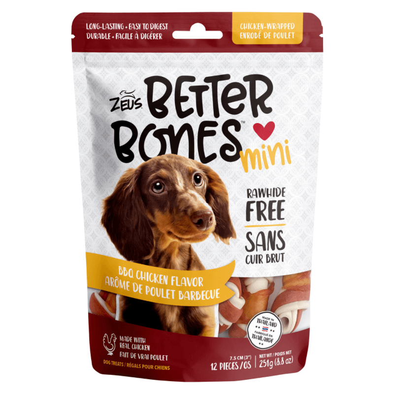 Dog Chewing Treat - BETTER BONES, 3" Chicken-Wrapped Mini Knot Bones, BBQ Chicken Flavor - 12 pcs - J & J Pet Club - Zeus