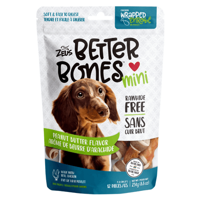 Dog Chewing Treat - BETTER BONES, 3" Chicken-Wrapped Mini Knot Bones, Peanut Butter Flavor - 12 pcs - J & J Pet Club - Zeus