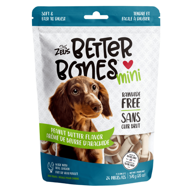 Dog Chewing Treat - BETTER BONES - 3" Mini Knot Bones - Peanut Butter Flavor - J & J Pet Club - Zeus