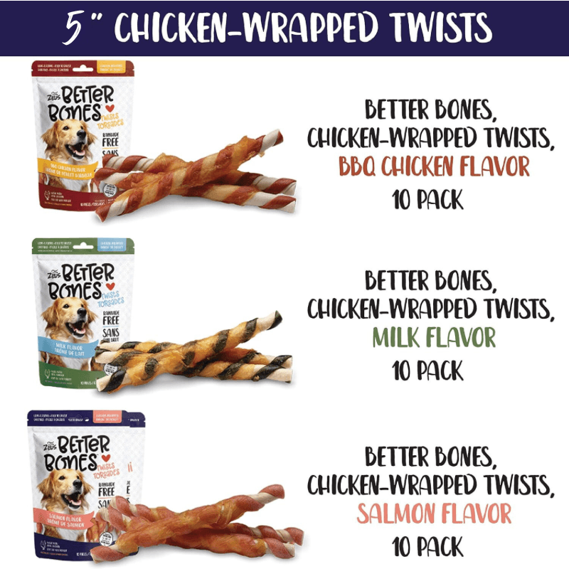 Dog Chewing Treat - BETTER BONES, 5" Chicken-Wrapped Twists, BBQ Chicken Flavor - 10 pcs - J & J Pet Club - Zeus