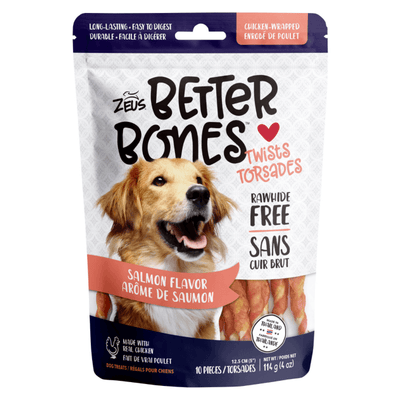 Dog Chewing Treat - BETTER BONES, 5" Chicken-Wrapped Twists, Salmon Flavor - 10 pcs - J & J Pet Club - Zeus