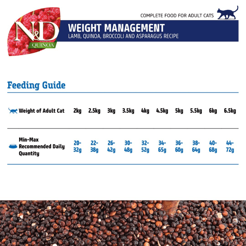 Dry Cat Food - N & D - QUINOA - Weight Management - Lamb, Broccoli & Asparagus - Adult - J & J Pet Club - Farmina