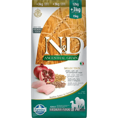 Dry Dog Food - N & D - ANCESTRAL GRAIN - SELECTION Chicken & Pomegranate - Adult Medium & Maxi - 33 lb - J & J Pet Club - Farmina