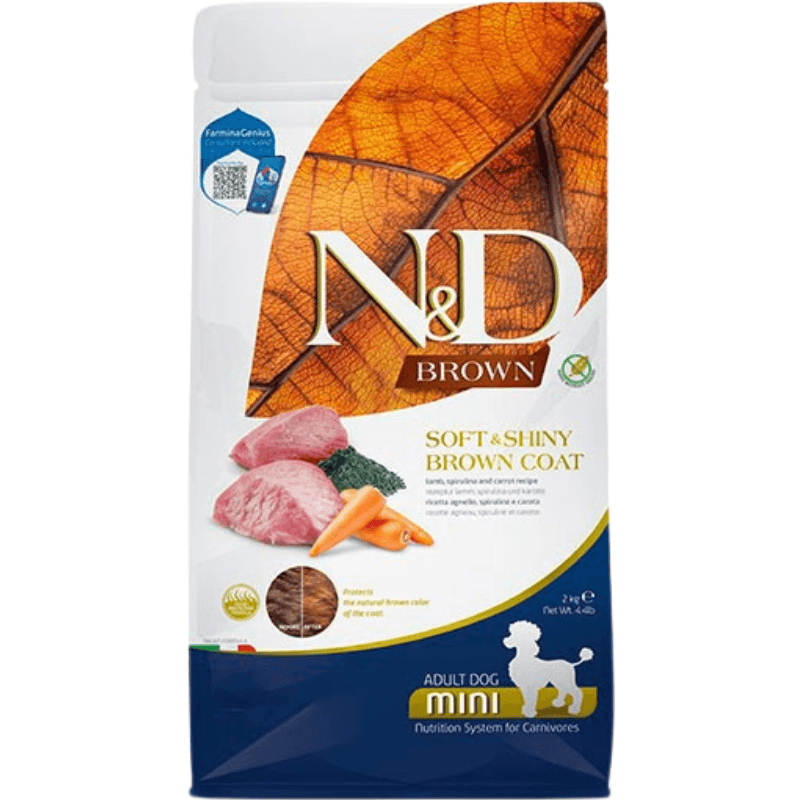 Dry Dog Food - N & D - BROWN - Soft & Shiny Brown Coat - Lamb, Kelp & Carrot - Adult Mini - 4.4 lb - J & J Pet Club - Farmina