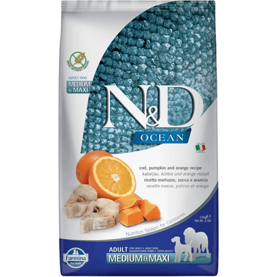 Dry Dog Food - N & D - OCEAN - Cod, Pumpkin & Orange - Adult Medium & Maxi - J & J Pet Club - Farmina