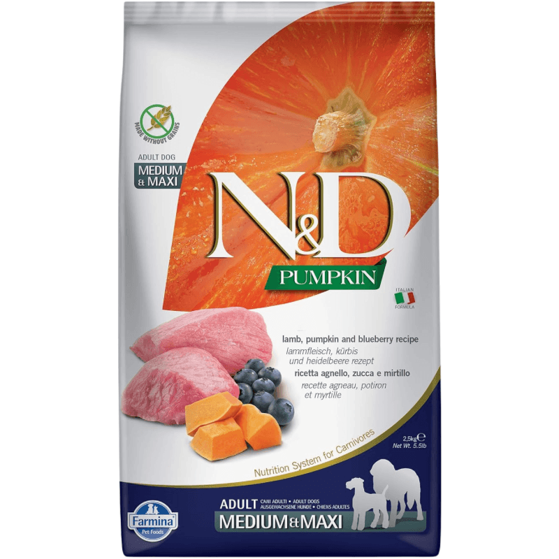 Dry Dog Food - N & D - PUMPKIN - Lamb & Blueberry - Adult Medium & Maxi - J & J Pet Club - Farmina