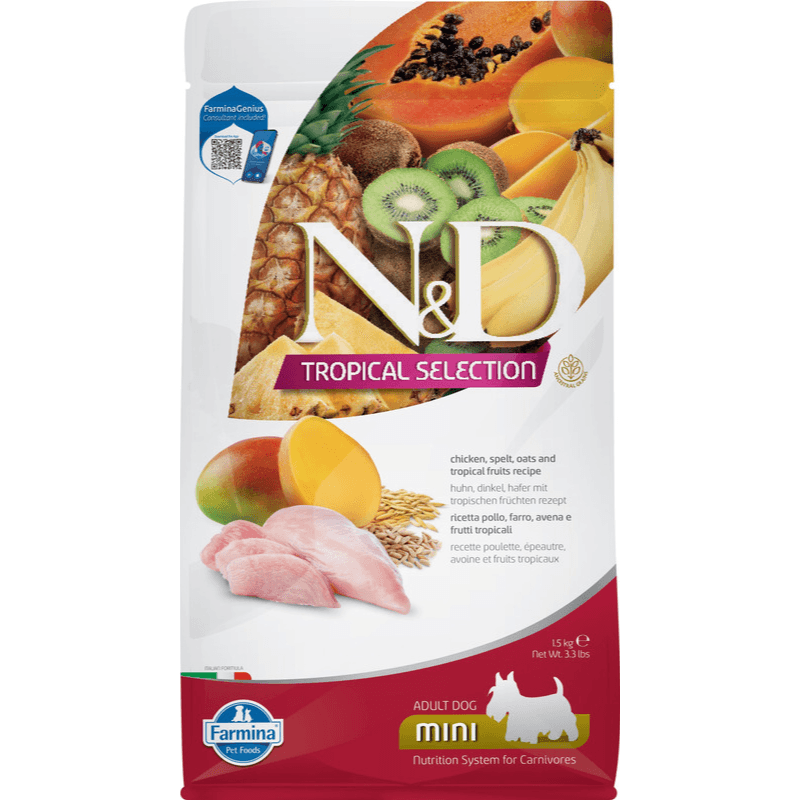 Dry Dog Food - N & D - TROPICAL SELECTION - Chicken, Spelt, Oats & Tropical Fruits - Adult Mini - J & J Pet Club - Farmina