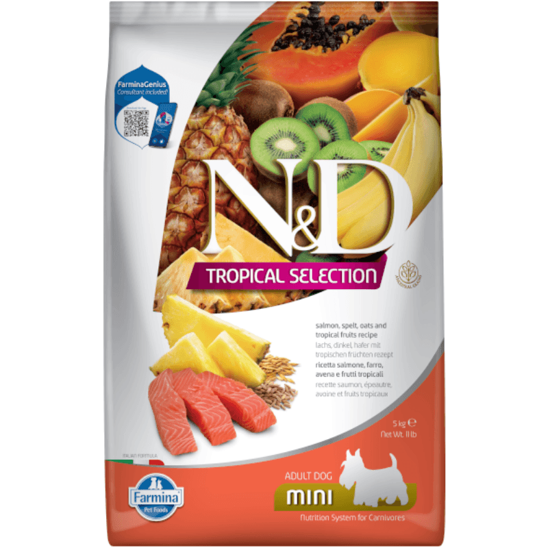 Dry Dog Food - N & D - TROPICAL SELECTION - Salmon, Spelt, Oats & Tropical Fruits - Adult Mini - J & J Pet Club - Farmina