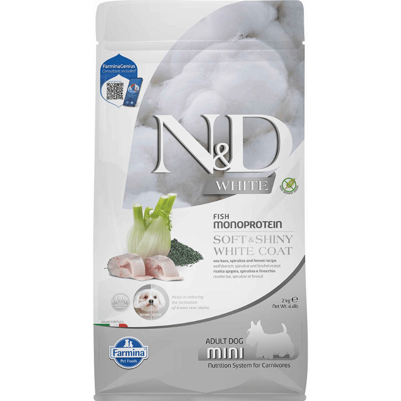 Dry Dog Food - N & D - WHITE - Soft & Shiny White Coat - Fish Monoprotein - Adult Mini - 4.4 lb - J & J Pet Club - Farmina