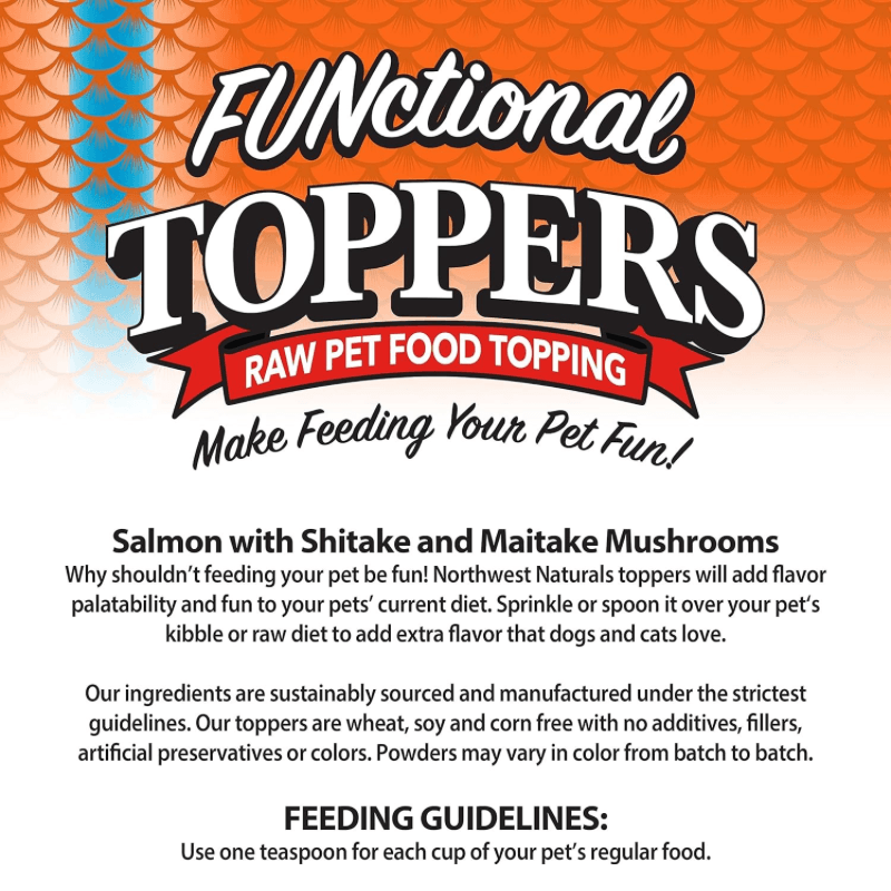 Feeze Dried FUNCTIONAL Food Topper for Dogs & Cats - Salmon with Shiitake and Maitake Mushrooms - 3.5 oz - J & J Pet Club - Northwest Naturals