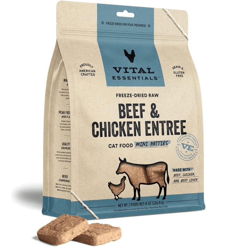 Freeze Dried Cat Food - Beef & Chicken Entree - Mini Patties - 8 oz - J & J Pet Club - Vital ESSENTIALS