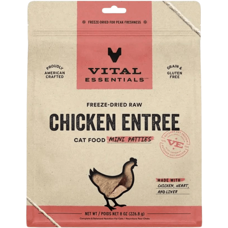 Freeze Dried Cat Food - Chicken Entree - Mini Patties - 8 oz - J & J Pet Club - Vital ESSENTIALS