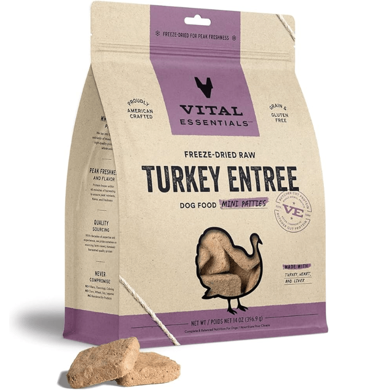 Freeze Dried Dog Food - Turkey Entree - Mini Patties - 14 oz - J & J Pet Club - Vital ESSENTIALS