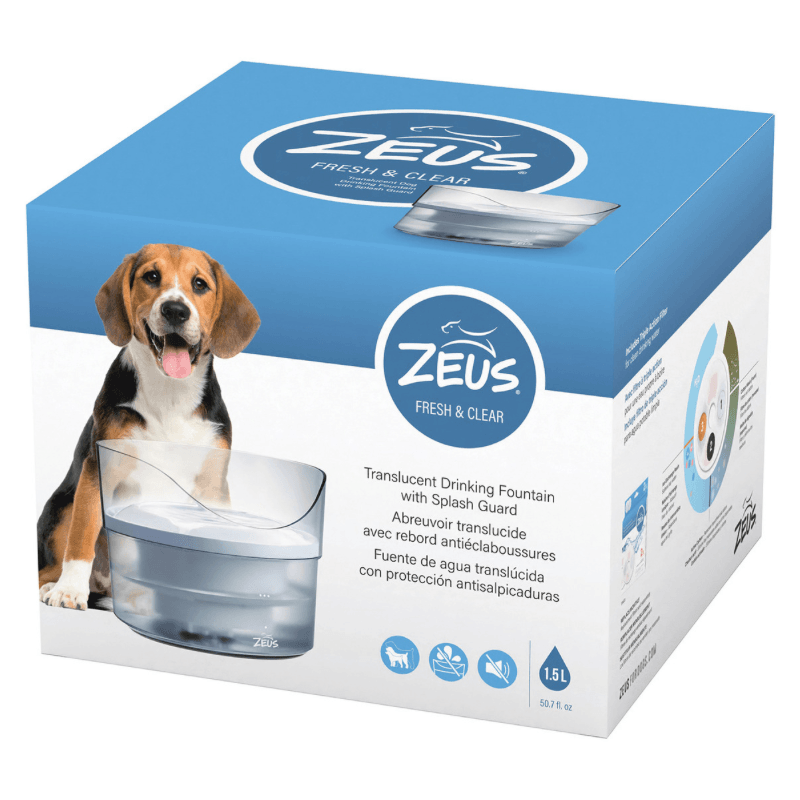 FRESH & CLEAR - Translucent Drinking Fountain with Splash Guard (1.5 L) - J & J Pet Club - Zeus