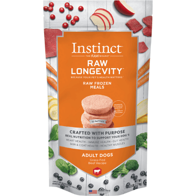 Frozen Raw Dog Food - LONGEVITY - Grass Fed Beef Patties For Adult Dogs - 6 lb - J & J Pet Club - Instinct