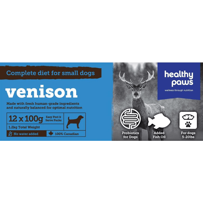 Frozen Raw Dog Food - Venison, Small Dogs (5-20 lbs), 12 × 100 g - J & J Pet Club - Healthy Paws