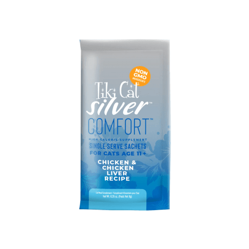 High Calorie Supplement For Cats Age 11+, SILVER COMFORT - Chicken & Chicken Liver Recipe - 0.28 oz sachet, pack of 12 - J & J Pet Club - Tiki Cat