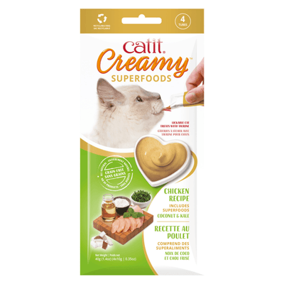 Lickable Cat Treat - Creamy SUPERFOODS - Chicken Recipe with Coconut & Kale - 10 g tube, pack of 4 - J & J Pet Club - Catit