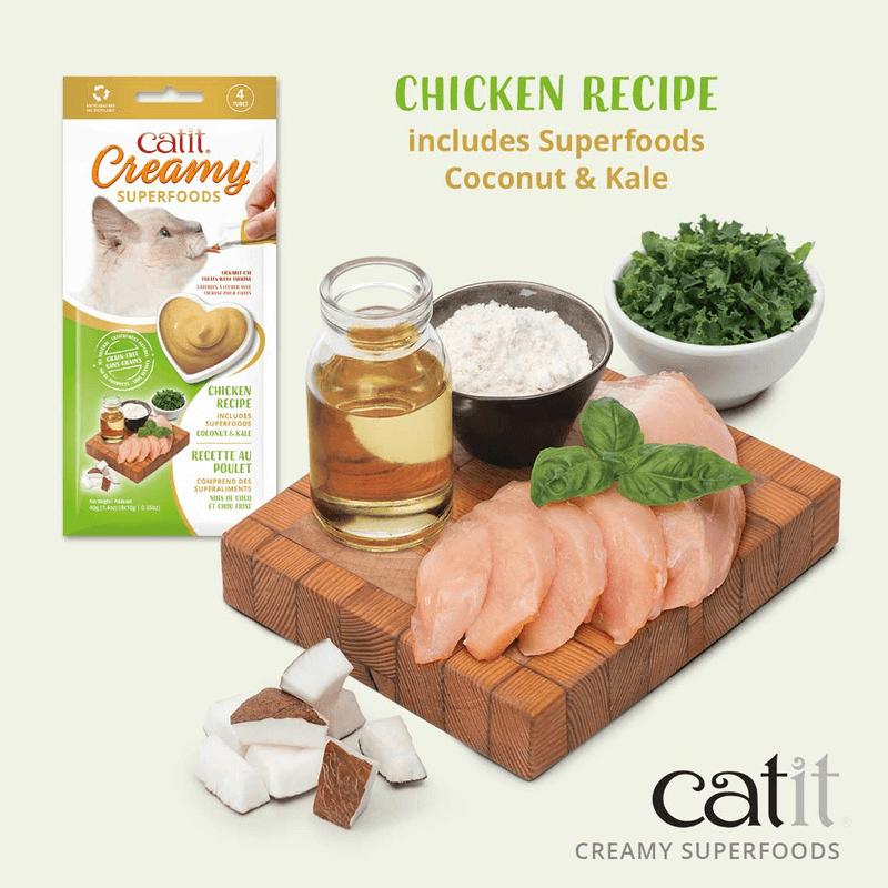 Lickable Cat Treat - Creamy SUPERFOODS - Chicken Recipe with Coconut & Kale - 10 g tube, pack of 4 - J & J Pet Club - Catit