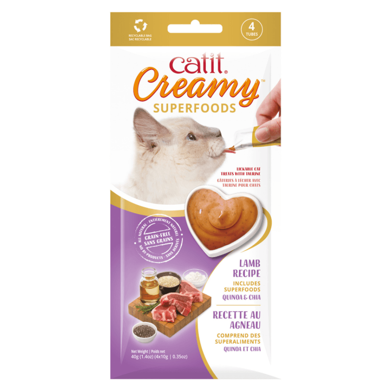 Lickable Cat Treat - Creamy SUPERFOODS - Lamb Recipe with Quinoa & Chia - 10 g tube, pack of 4 - J & J Pet Club - Catit