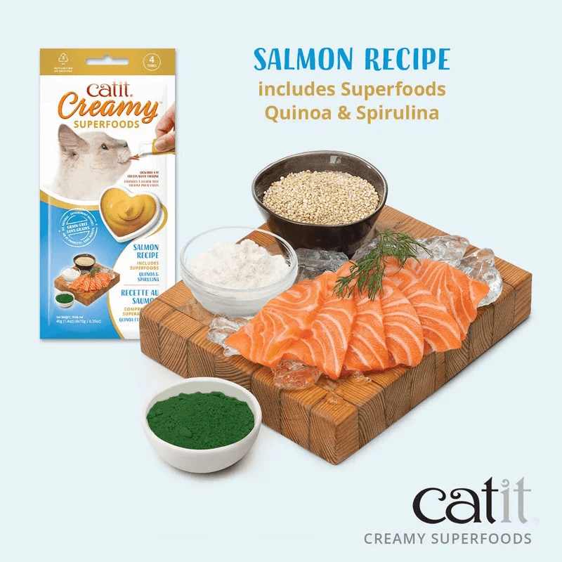 Lickable Cat Treat - Creamy SUPERFOODS - Salmon Recipe with Quinoa & Spirulina - 10 g tube, pack of 4 - J & J Pet Club - Catit