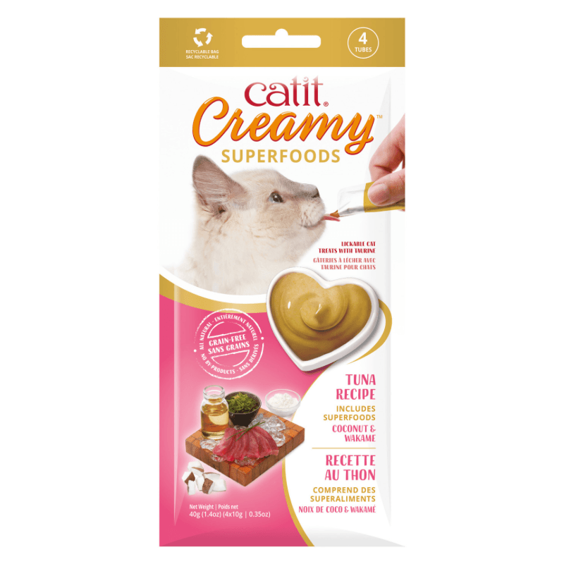 Lickable Cat Treat - Creamy SUPERFOODS - Tuna Recipe with Coconut & Wakame - 10 g tube, pack of 4 - J & J Pet Club - Catit