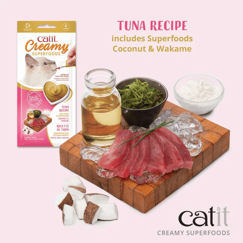 Lickable Cat Treat - Creamy SUPERFOODS - Tuna Recipe with Coconut & Wakame - 10 g tube, pack of 4 - J & J Pet Club - Catit