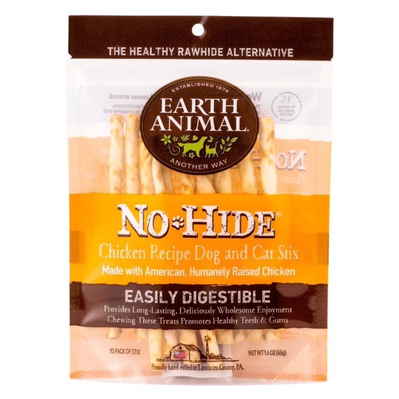 Long Lasting Chews, NO-HIDE, Chicken Recipe Dog & Cat Treat Stix - 1.6 oz, pack of 10 - J & J Pet Club - Earth Animal