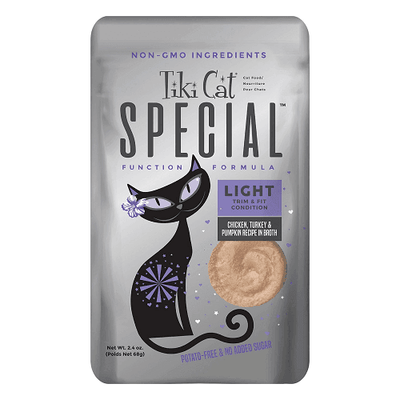 *SHORT DATED* Wet Cat Food - SPECIAL - LIGHT: Chicken, Turkey & Pumpkin Recipe in Broth For Adult Cats - 2.4 oz pouch (Best by Aug 08, 2024) - J & J Pet Club - Tiki Cat