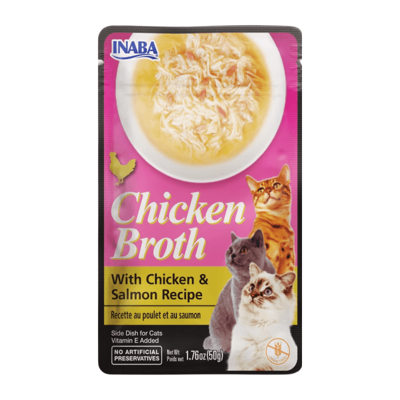 Side Dish Cat Treat - CHICKEN BROTH - Chicken & Salmon Recipe - 1.76 oz pouch - J & J Pet Club - Inaba