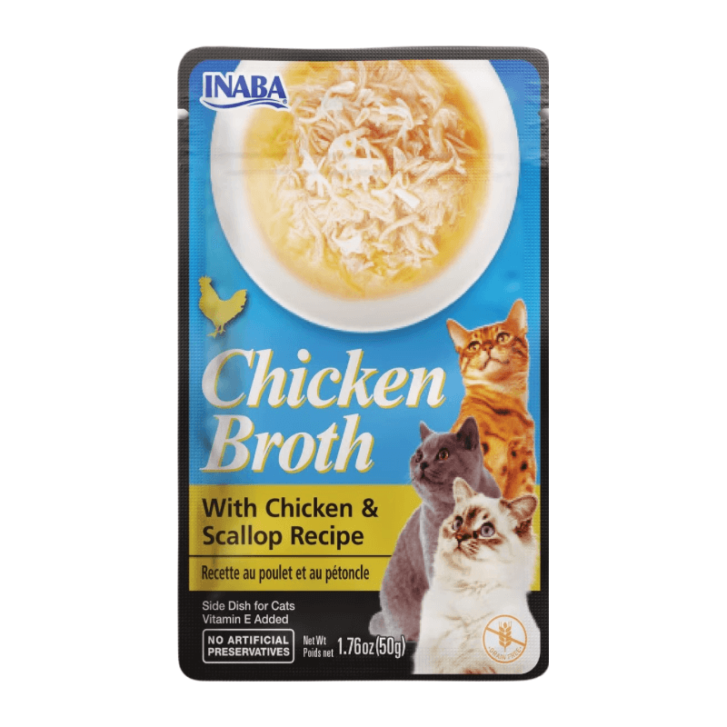 Side Dish Cat Treat - CHICKEN BROTH - Chicken & Scallop Recipe - 1.76 oz pouch - J & J Pet Club - Inaba