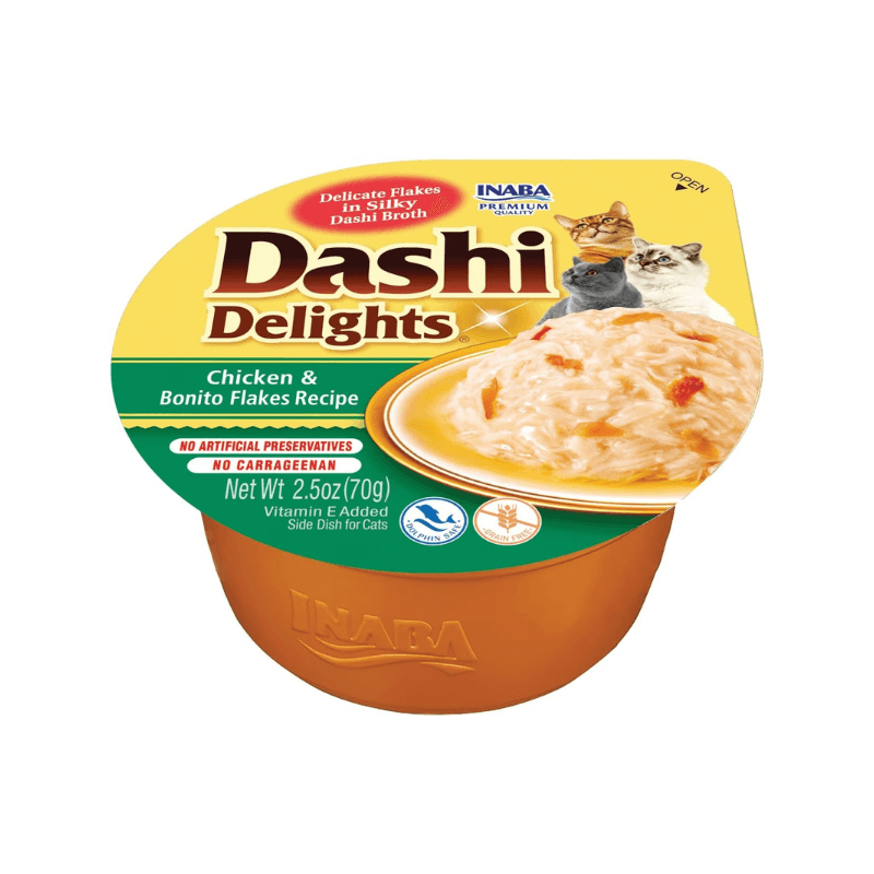 Side Dish Cat Treat - DASHI DELIGHTS - Chicken & Bonito Flakes Recipe - 2.5 oz cup - J & J Pet Club - Inaba
