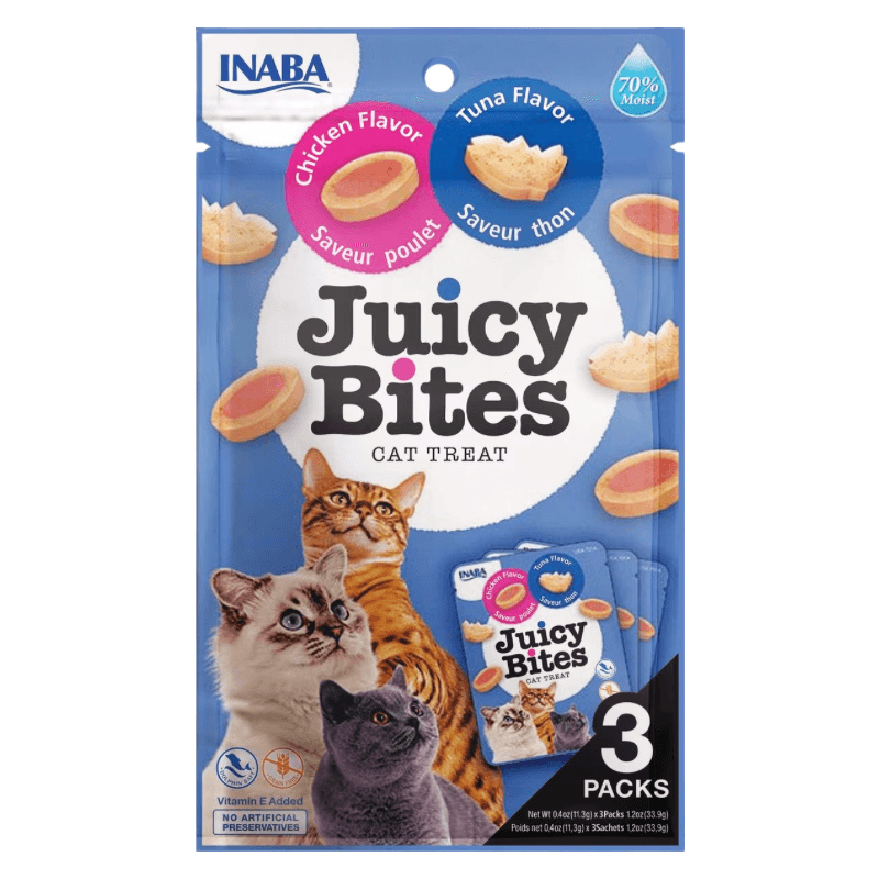 Soft & Chewy Cat Treat - JUICY BITES - Chicken and Tuna Flavors - 0.4 oz pouch, pack of 3 - J & J Pet Club - Inaba