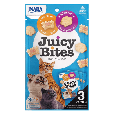Soft & Chewy Cat Treat - JUICY BITES - Crab and Scallop Flavors - 0.4 oz pouch, pack of 3 - J & J Pet Club - Inaba