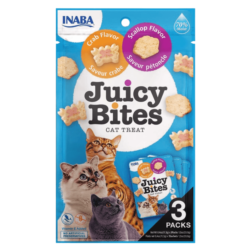 Soft & Chewy Cat Treat - JUICY BITES - Crab and Scallop Flavors - 0.4 oz pouch, pack of 3 - J & J Pet Club - Inaba