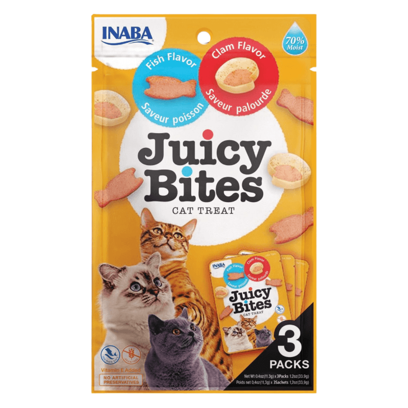 Soft & Chewy Cat Treat - JUICY BITES - Fish and Clam Flavors - 0.4 oz pouch, pack of 3 - J & J Pet Club - Inaba