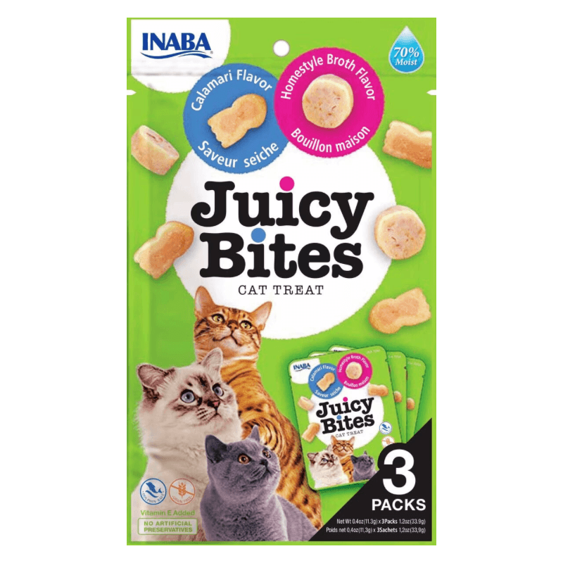 Soft & Chewy Cat Treat - JUICY BITES - Homestyle Broth and Calamari Flavors - 0.4 oz pouch, pack of 3* - J & J Pet Club - Inaba